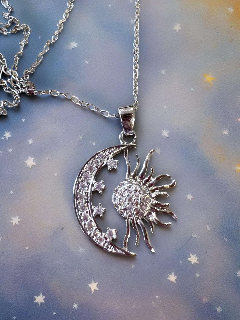 Silver Sun, Stars, and Moon Pendant Necklace - Celestial Sparkle - Picture 6 of 17